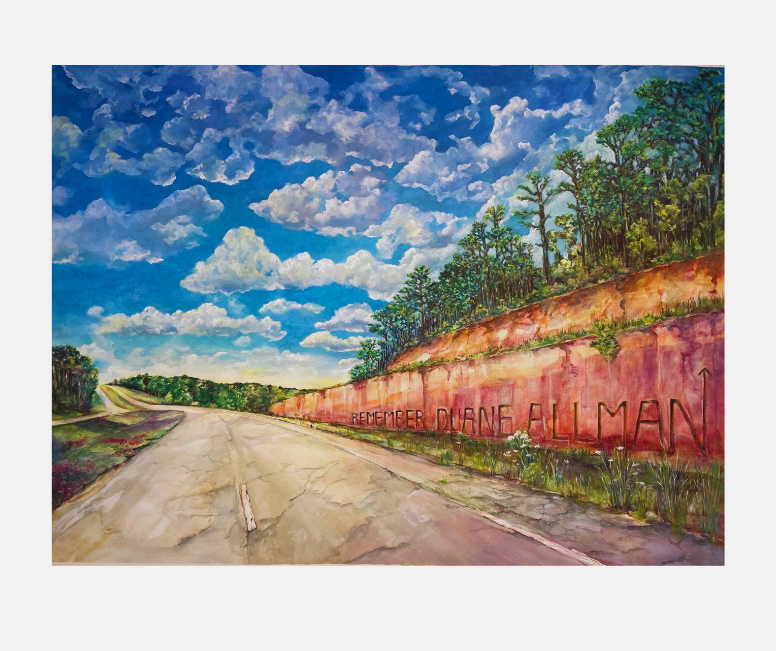 Painting of a road leading to a red wall with text, under a blue sky with clouds. Carved into the wall are letters that spell out 'Remember Duane Allman.'