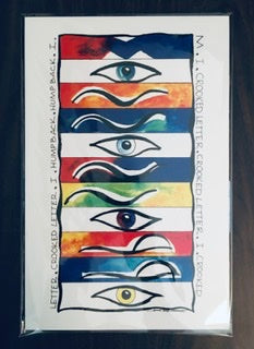 11x17 Poster. Vertical Design, Color Blocks with Symbols for Letters Spelling Mississippi. ie: Eyes for the letter  ' I ' , Cardboard Backing, Clear Sleeve