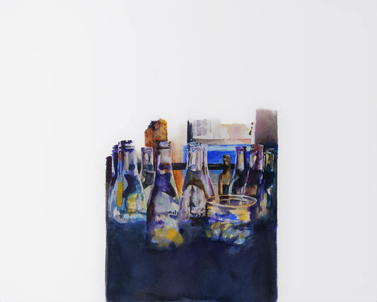 rectangle shape, water color image of a small group of beer bottles and a cocktail glass fade into black along the bottom