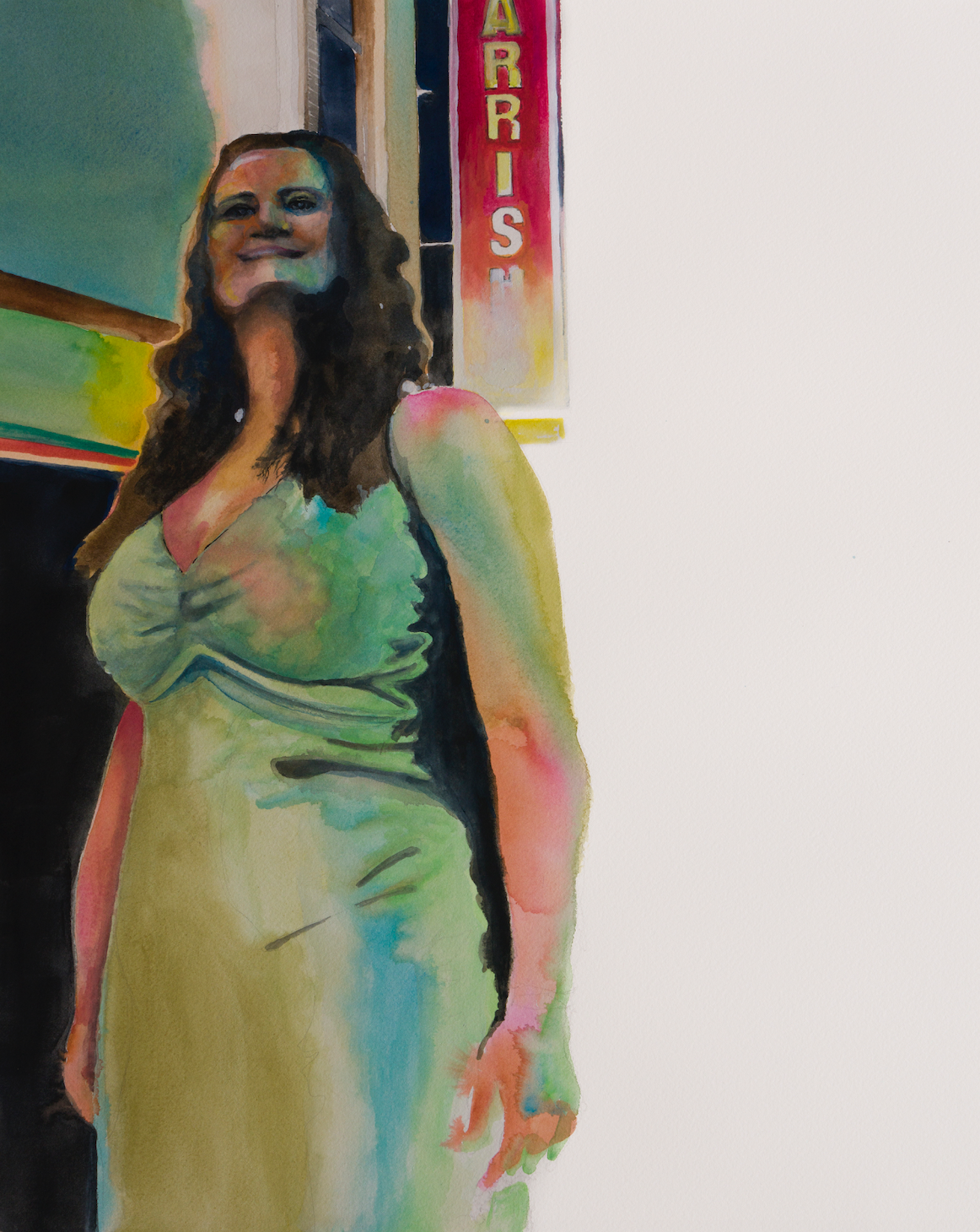 rectangle shape, imagery on left side, woman in green tinted gown stands in front of red bar sign