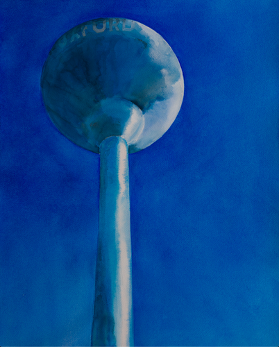 rectangle shape, dark blue background, watercolor image of Oxford water tower in foreground